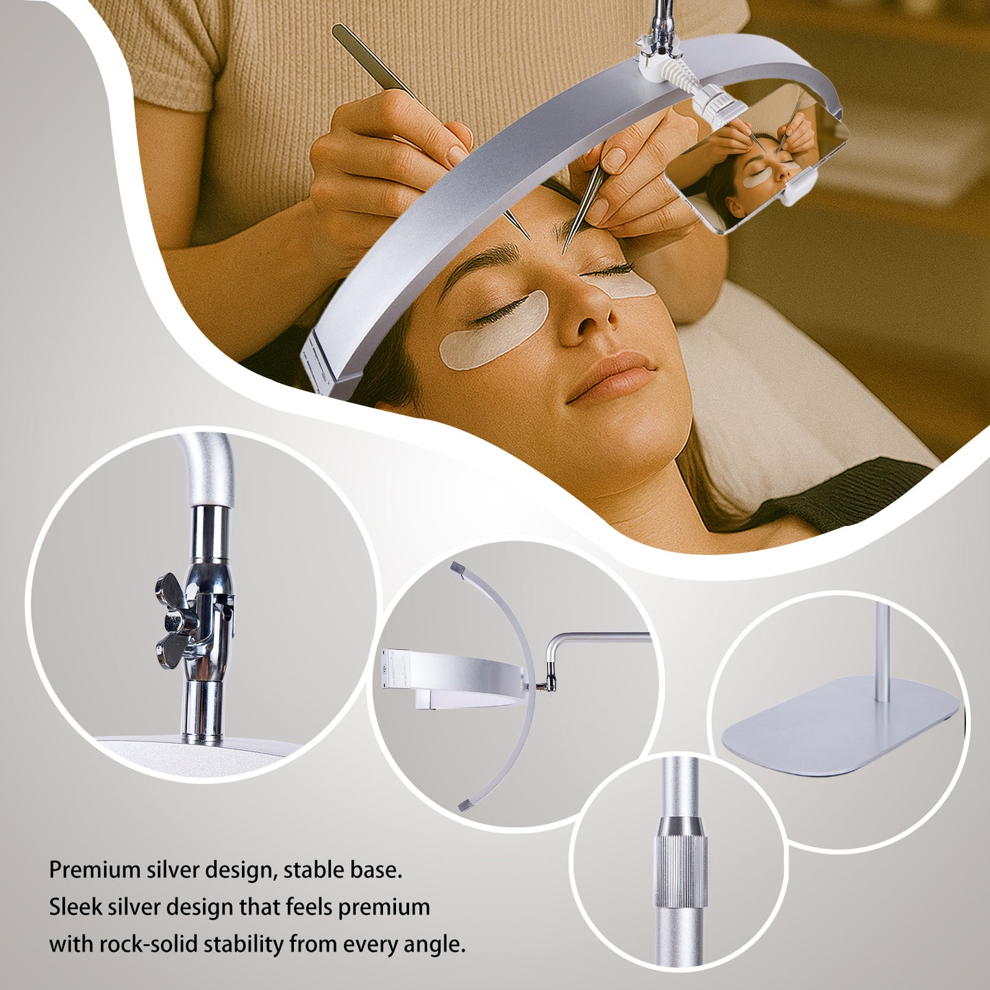 Fosoto 28inch 45W New Multi-angle Rotation half -Moon Light LED Floor Lash Lamp with Phone Clip for Eyelash Tattoo beauty Salon