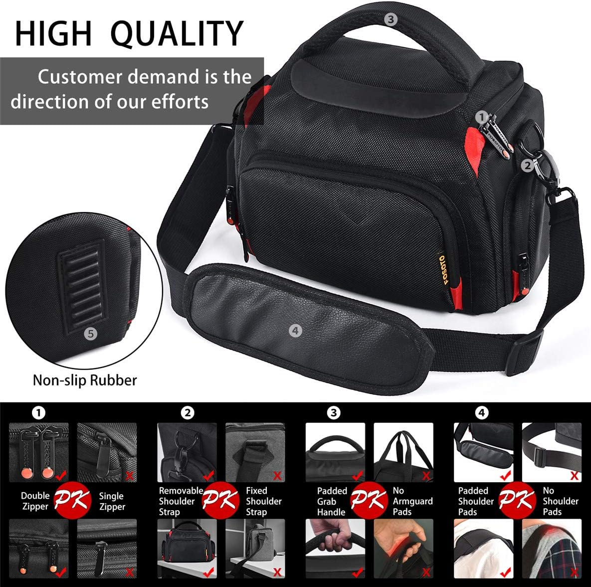 FOSOTO Camera Shoulder Bag Case Compatible for Nikon D3000 D3200 D3300 D5100 D5300 D7500 D500 D610 Canon 2000D T8i SL2 T7i DSLR Cameras