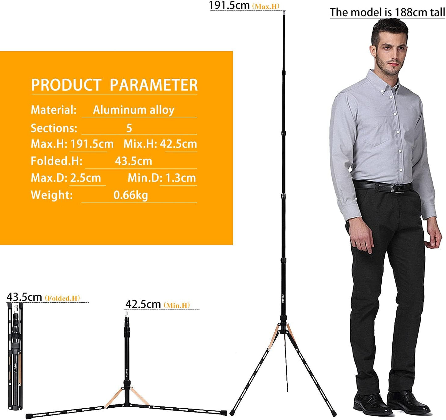 FOSOTO Light Stand 16.7-75.3 inch Aluminum Alloy Photography Tripod Stand Compatible for Mounting Strobe Light Relfector Softbox Ring Light Monolight Photographic Stand with Carry Bag