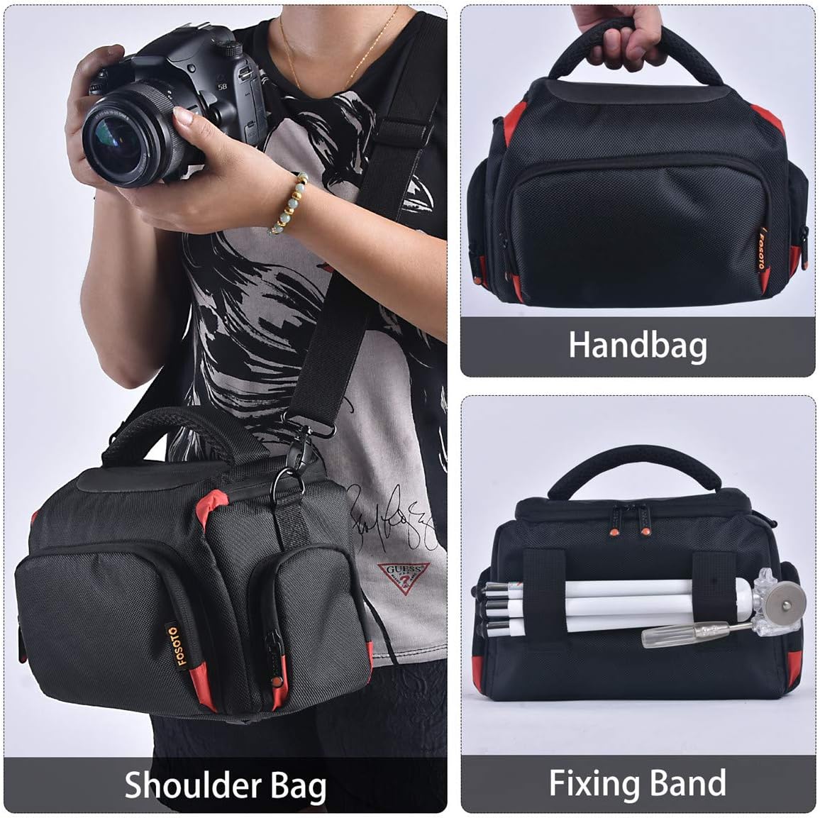 FOSOTO Camera Shoulder Bag Case Compatible for Nikon D3000 D3200 D3300 D5100 D5300 D7500 D500 D610 Canon 2000D T8i SL2 T7i DSLR Cameras