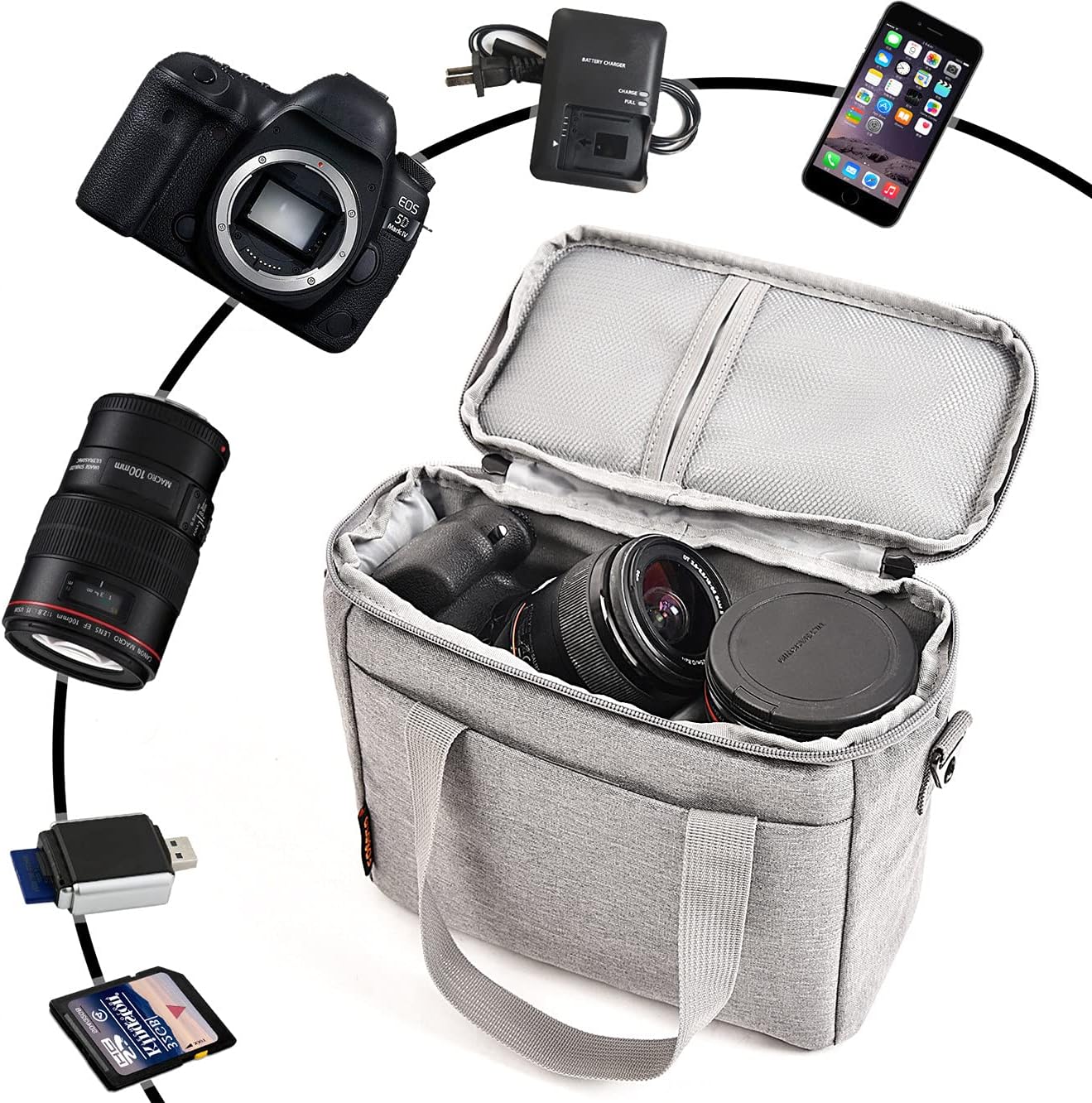 FOSOTO Camera Bag Case with Waterproof Rain Cover Compatible for Nikon D3500 D5600 D7500 D610 Canon EOS 4000D 2000D SL3 T7 M50 M6 SX530 Fujifilm X-T20,Grey