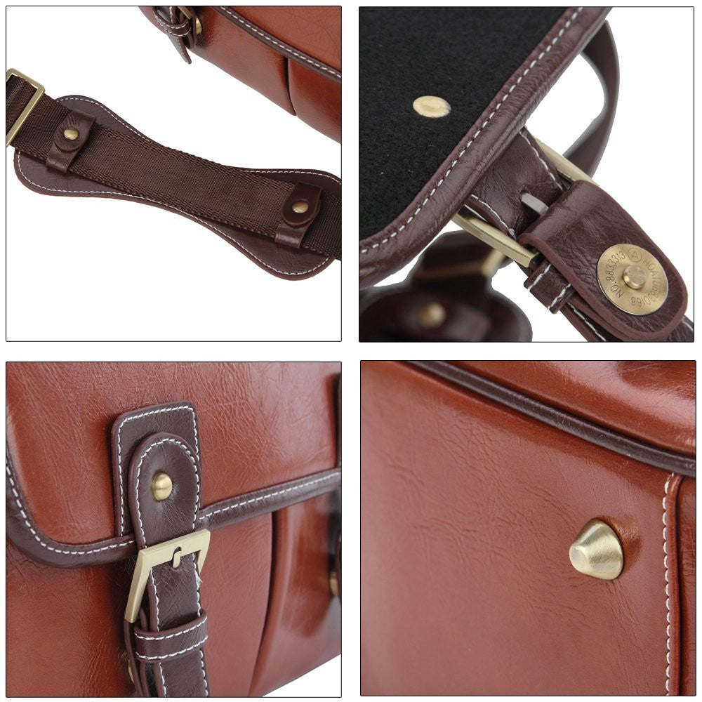 Fosoto Waterproof Vintage PU Leather DSLR Camera Bag Cross Body Portable Case Fit DSLR with 2 lenses For Canon DSLR Camera