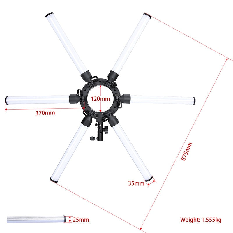 fosoto TL-1200S Photographic lighting 6 Tubes 336 leds 3200-5500K 120W Dimmable Camera Photo Phone Video Ring Light Lamp Stand