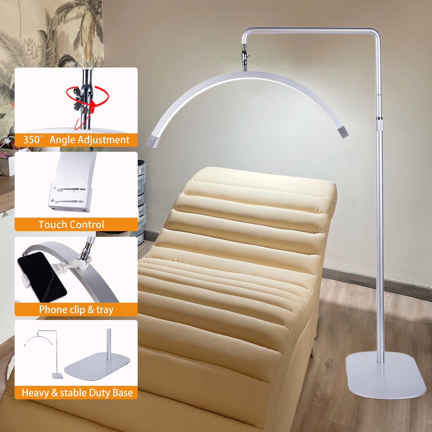 Fosoto 28inch 45W New Multi-angle Rotation half -Moon Light LED Floor Lash Lamp with Phone Clip for Eyelash Tattoo beauty Salon