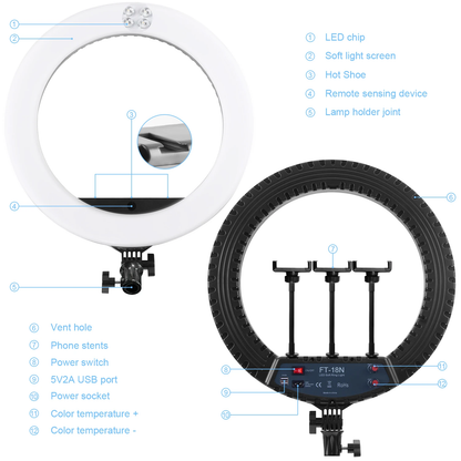 FOSOTO FT-18N Dimmable LED Ring Light 55W Photography Lighting Kit with Tripod Stand for Phone & Live Streaming