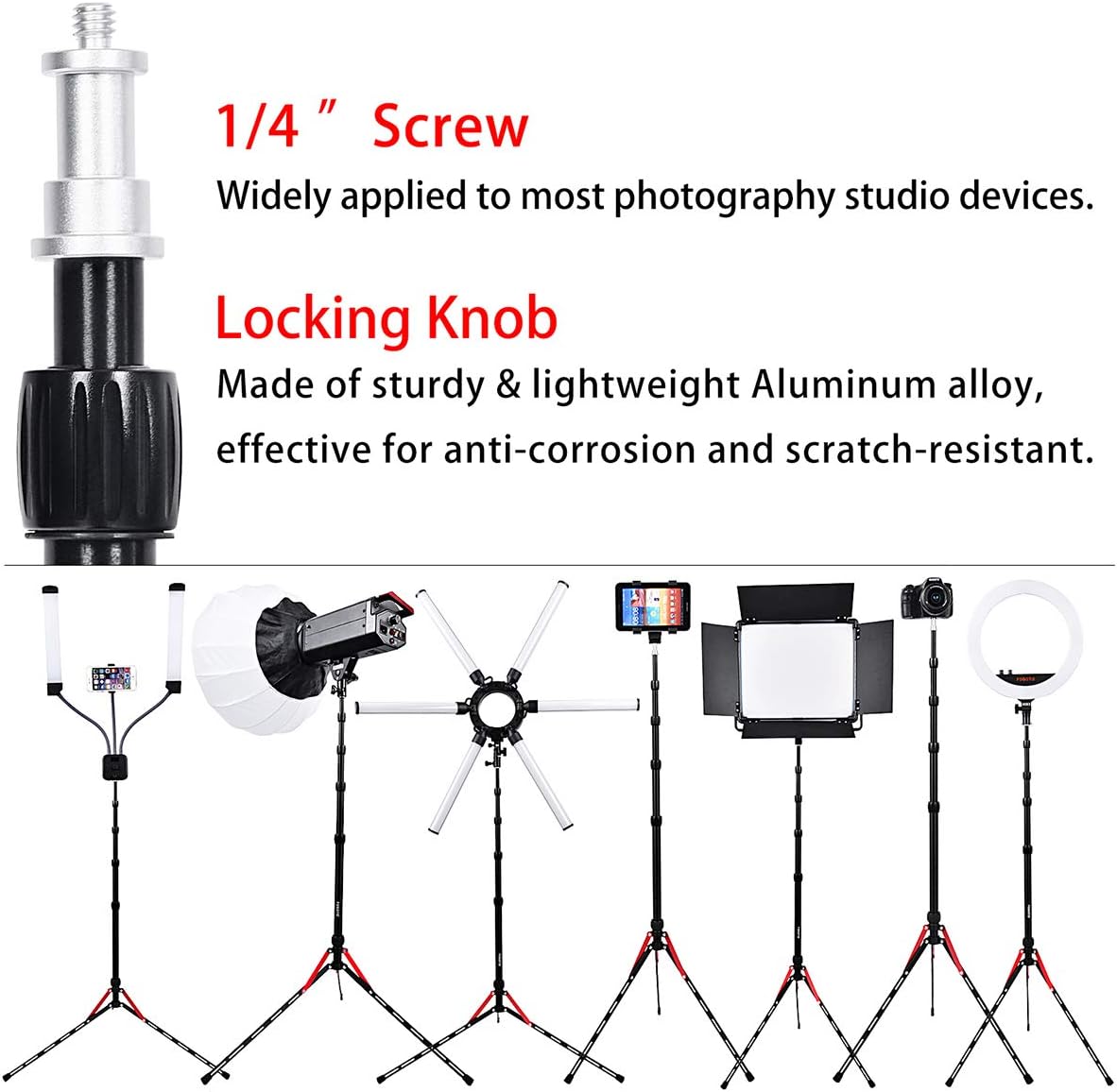Trípode para fotografía FOSOTO de 6,3 pies, soporte de luz de aleación de aluminio compatible con cámaras digitales, estudio fotográfico, anillo de luz, reflector, softbox pequeño, flash, paraguas, soporte de luz con tornillo de 1/4 