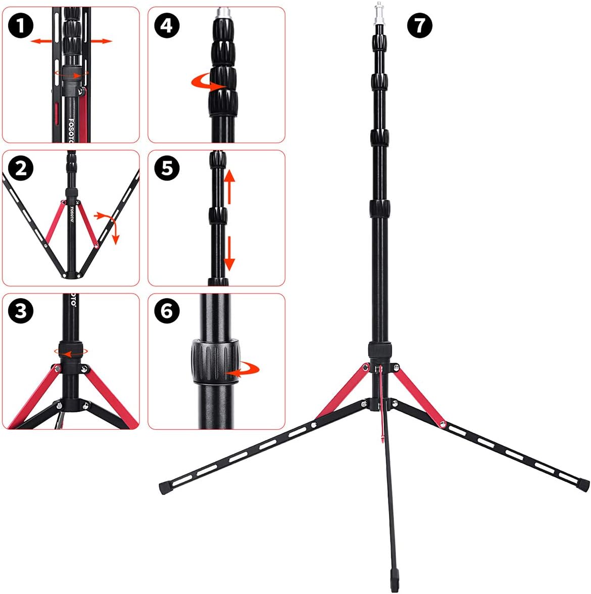 Trípode para fotografía FOSOTO de 6,3 pies, soporte de luz de aleación de aluminio compatible con cámaras digitales, estudio fotográfico, anillo de luz, reflector, softbox pequeño, flash, paraguas, soporte de luz con tornillo de 1/4 