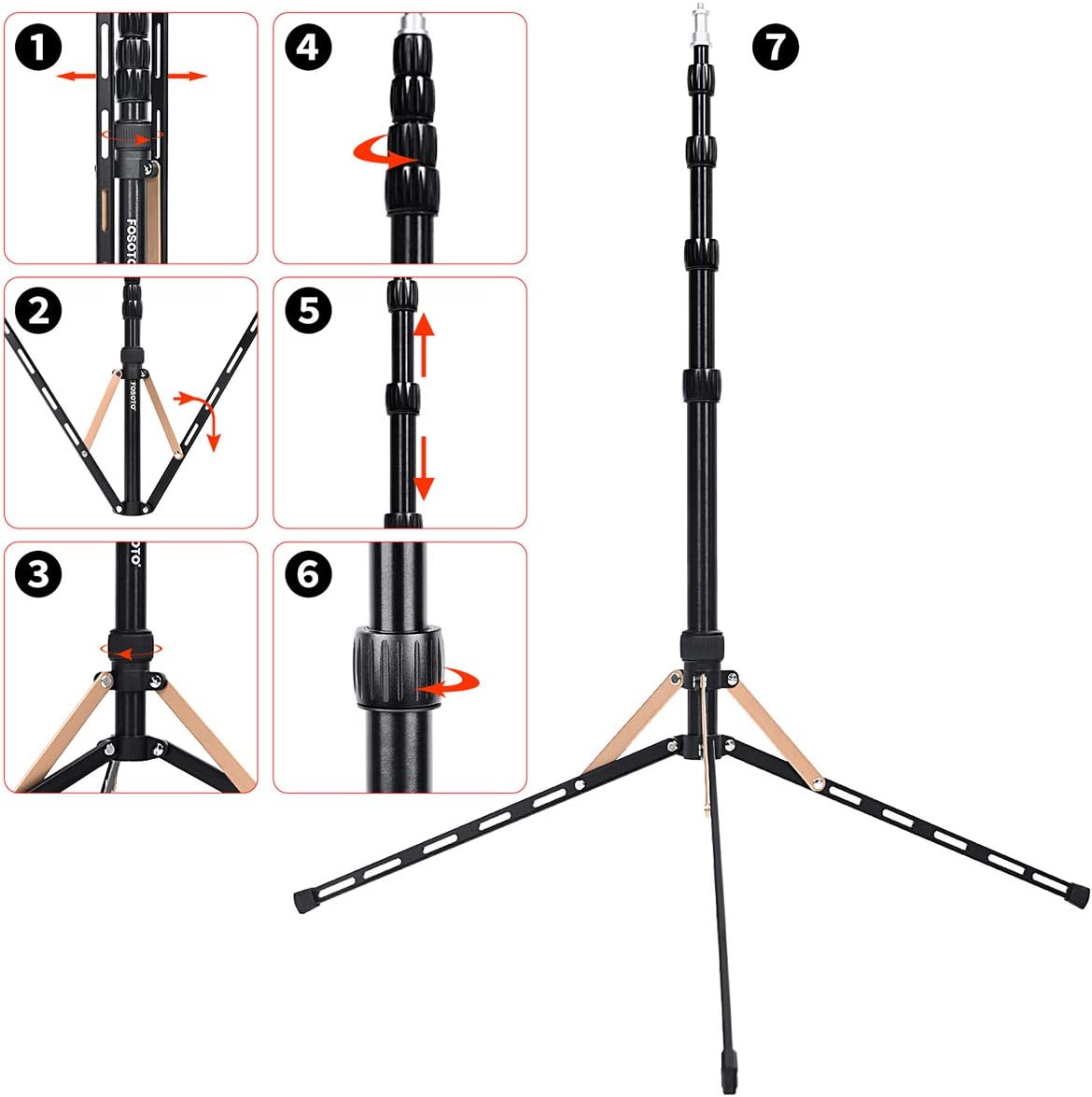 FOSOTO Support d'éclairage 16,7-75,3 pouces en alliage d'aluminium pour photographie, compatible avec le montage de réflecteurs de lumière stroboscopique, boîte à lumière annulaire, monobloc, support photographique avec sac de transport 