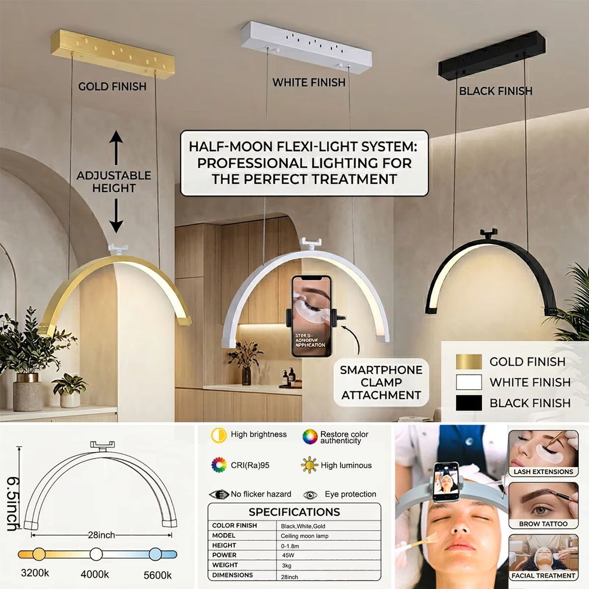 Fosoto 1.8M 45W Ceiling-Mounted Retractable LED Beauty Half Moon Light for Lash & Facial