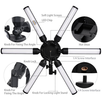 FOSOTO Photographic Lighting Dimmable 3200 - 5600K 6 Tubes LED Photography Star Light Lamp for Camera Photo Studio Phone Shooting, YouTube Makeup with Tripod Stand - FOSOTOFOSOTO Photographic Lighting Dimmable 3200 - 5600K 6 Tubes LED Photography Star Light Lamp for Camera Photo Studio Phone Shooting, YouTube Makeup with Tripod Stand