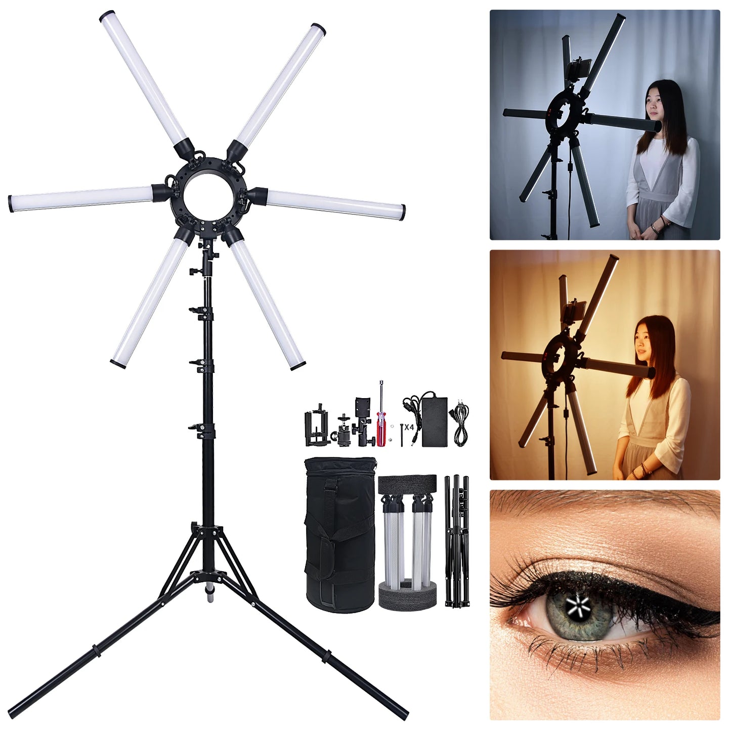 FOSOTO Éclairage photographique à intensité variable 3200-5600K 6 tubes LED Photographie Star Light Lampe pour appareil photo Studio photo Téléphone Prise de vue, YouTube Maquillage avec trépied