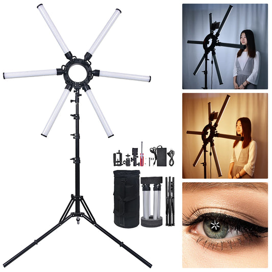 FOSOTO Éclairage photographique à intensité variable 3200-5600K 6 tubes LED Photographie Star Light Lampe pour appareil photo Studio photo Téléphone Prise de vue, YouTube Maquillage avec trépied