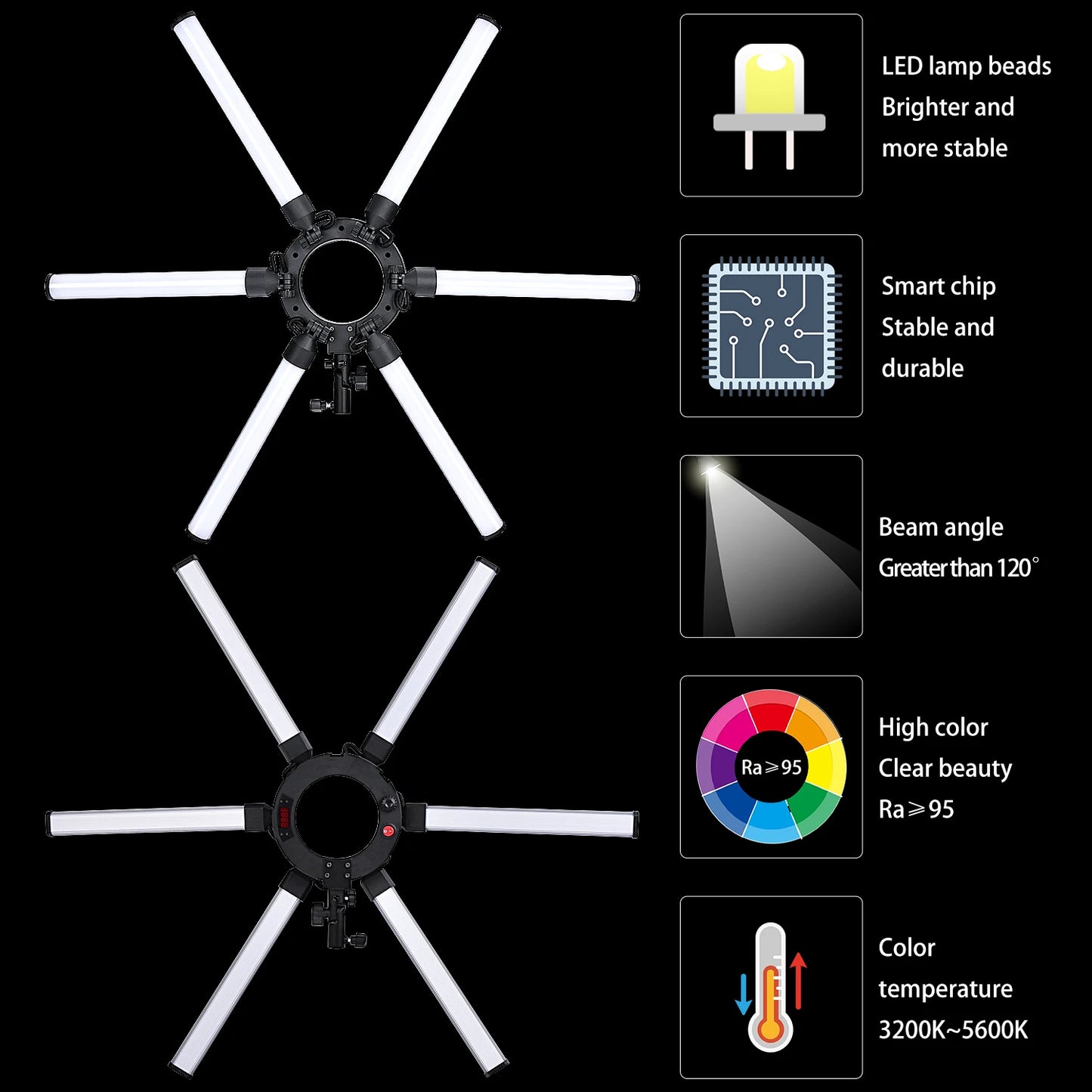 FOSOTO Éclairage photographique à intensité variable 3200-5600K 6 tubes LED Photographie Star Light Lampe pour appareil photo Studio photo Téléphone Prise de vue, YouTube Maquillage avec trépied