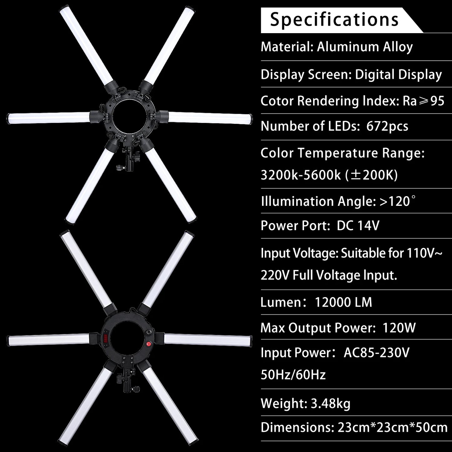 FOSOTO Éclairage photographique à intensité variable 3200-5600K 6 tubes LED Photographie Star Light Lampe pour appareil photo Studio photo Téléphone Prise de vue, YouTube Maquillage avec trépied