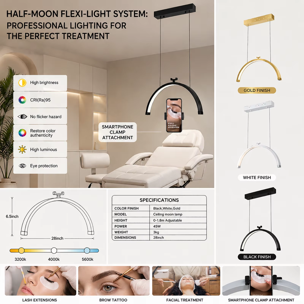 Fosoto 1.8M 45W Ceiling-Mounted Retractable LED Beauty Half Moon Light for Lash & Facial