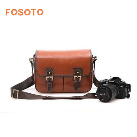 Fosoto Waterproof Vintage PU Leather DSLR Camera Bag Cross Body Portable Case Fit DSLR with 2 lenses For Canon DSLR Camera