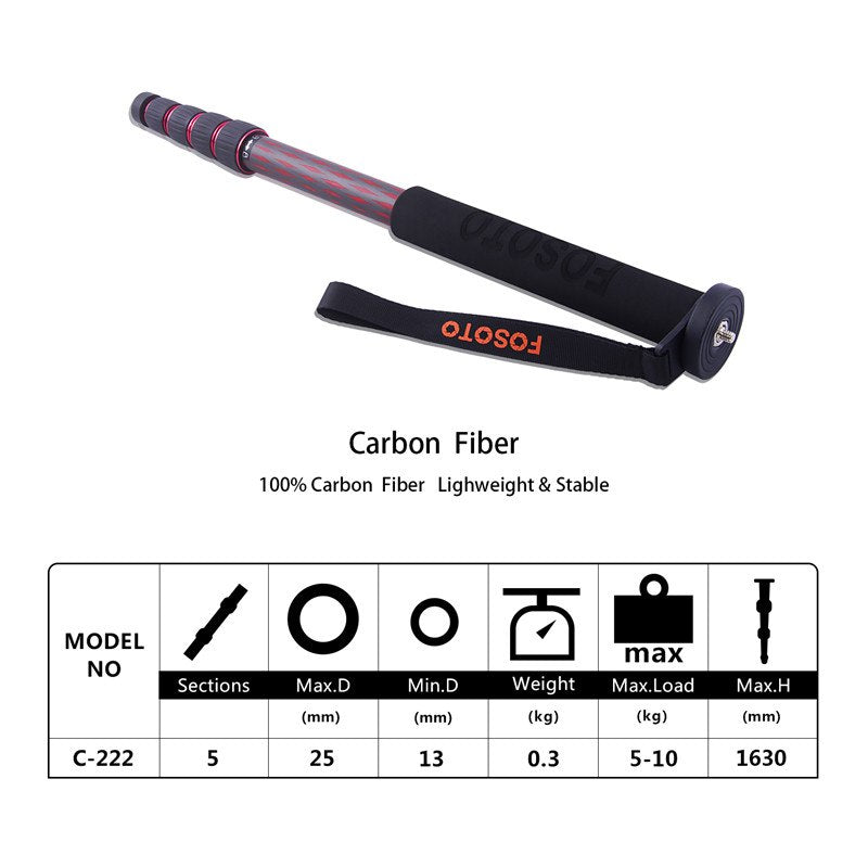 Trépied monopode d'appareil photo en fibre de carbone fosoto C-222 rouge et noir avec base de support adaptateur 3/8" Mini trépied professionnel pour téléphone reflex numérique