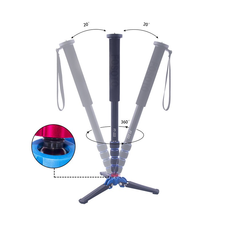 Fosoto F-222+M1 Mini appareil photo numérique en aluminium Unipod Monopode 1650 mm avec verrouillage et base à 3 pieds A-222 Support de trépied pour reflex numérique Canon Nikon
