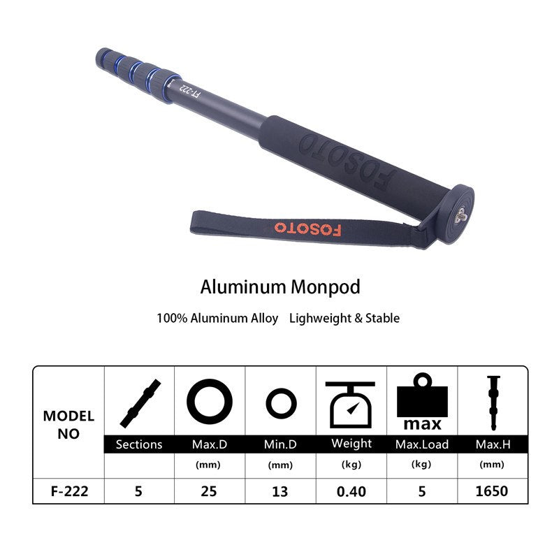 Fosoto F-222+M1 Mini appareil photo numérique en aluminium Unipod Monopode 1650 mm avec verrouillage et base à 3 pieds A-222 Support de trépied pour reflex numérique Canon Nikon