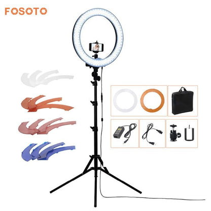 Fosoto RL-18 "Cámara de fotos/teléfono/vídeo 55W 240 Anillo de luz LED 5500K fotografía lámpara de anillo regulable con 4 colores de plástico/trípode
