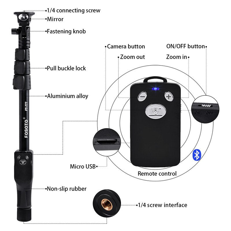 fosoto FT-777 selfie stick Bluetooth 50" vs YT-1288 Handheld Monopod with Bluetooth&Case For Tripod Gopro Dslr Camera IPhone7