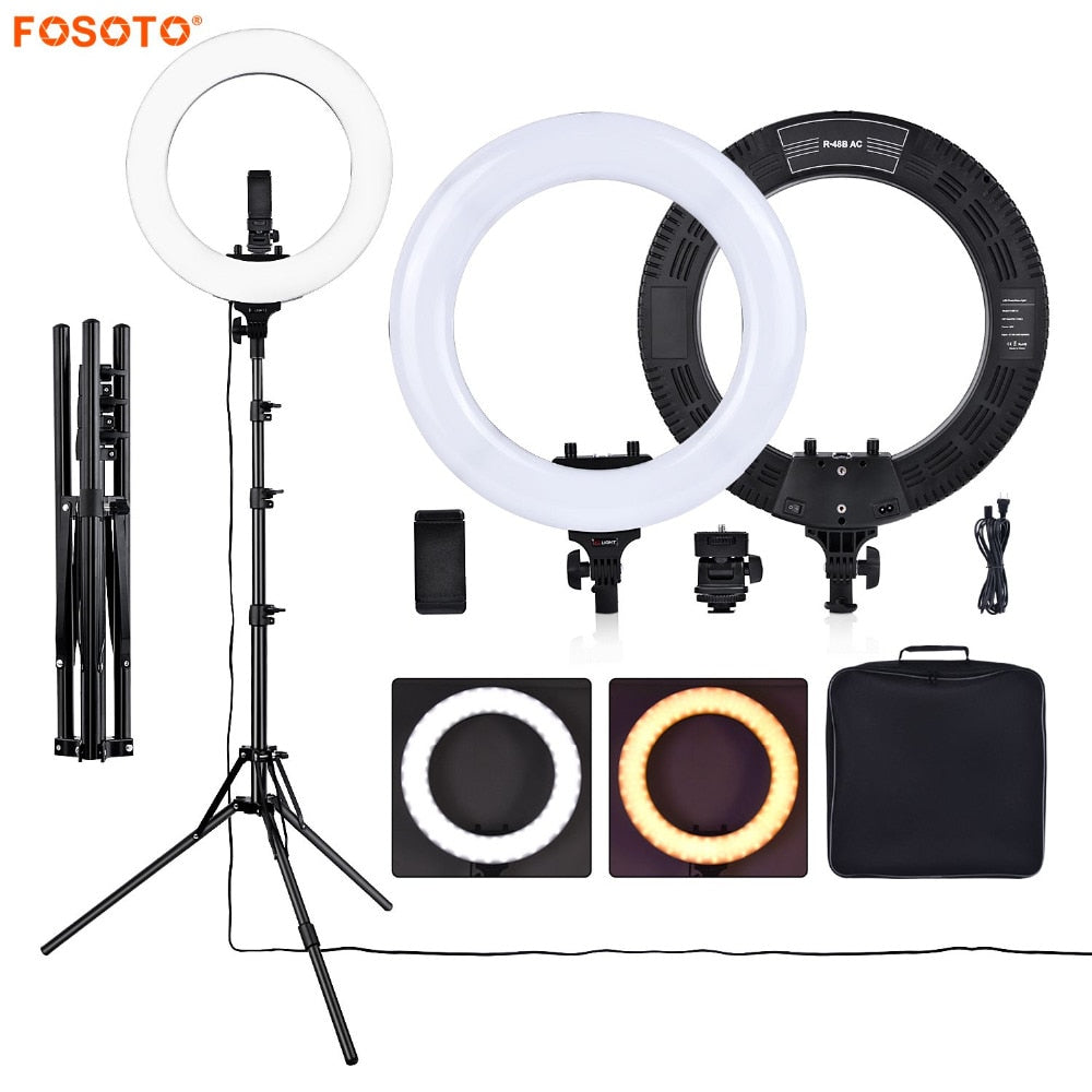 fosoto R48B 48W 3200-5600K 432 LEDs Photographic Lighting Dimmable Camera Photo Phone Photography Ring Light Lamp&tripod Stand