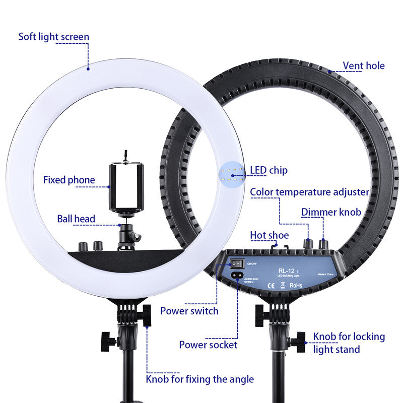 fosoto RL-12II Bi-color 3200-5500K Dimmable Photography light Studio makeup Led Ring Light Lamp For Camera Photo Studio Phone