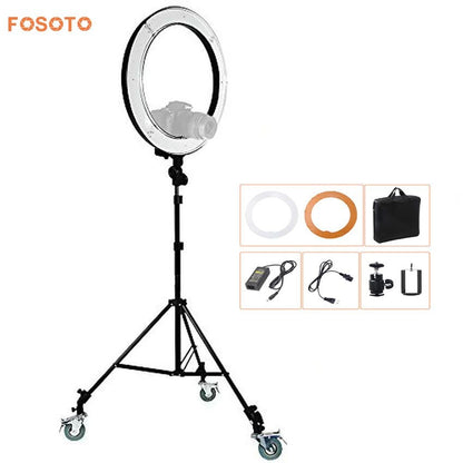 fosoto RL-18 Éclairage photographique Vidéo Studio Appareil photo numérique et support et kit 3 roues 5500K Dimmable 240 LED Anneau lumineux
